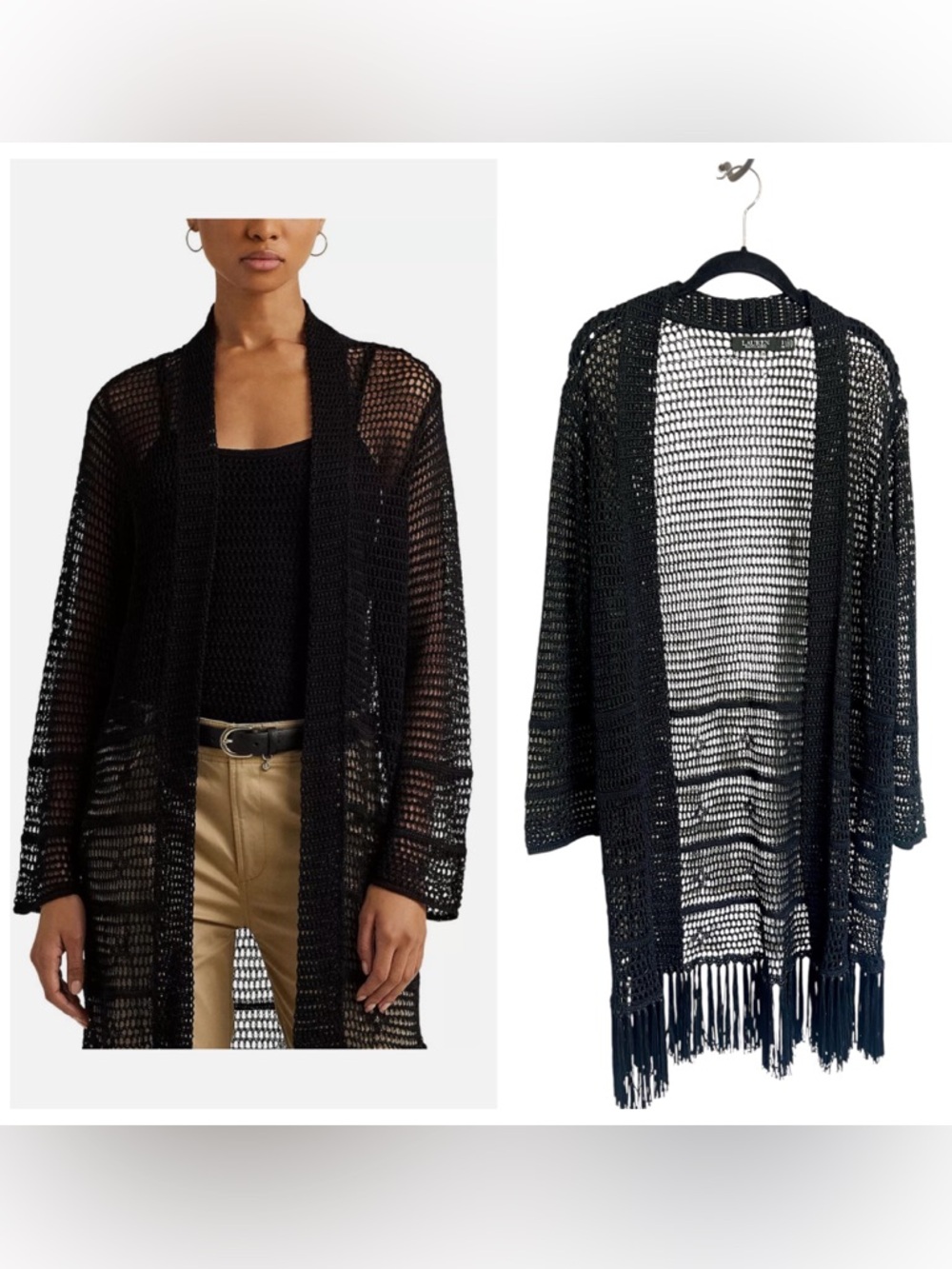 Lauren Ralph Lauren black open knit crochet fringe linen blend cardigan coastal